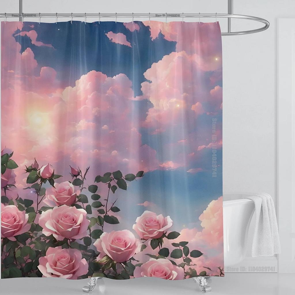 Rose Flower Shower Curtain Waterproof Shower Curtain Polyester Fabric 3D Printed Curtain Bathroom Decoration With Hook