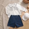 Boys' Long Sleeve Lapel Shirt & Shorts Embroidery Set - Summer Outdoor Wear