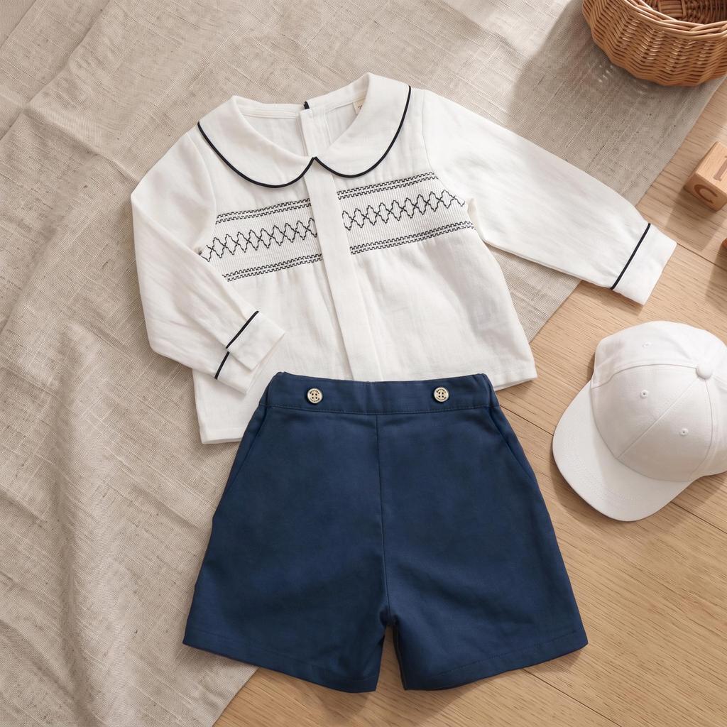 Boys' Long Sleeve Lapel Shirt & Shorts Embroidery Set - Summer Outdoor Wear