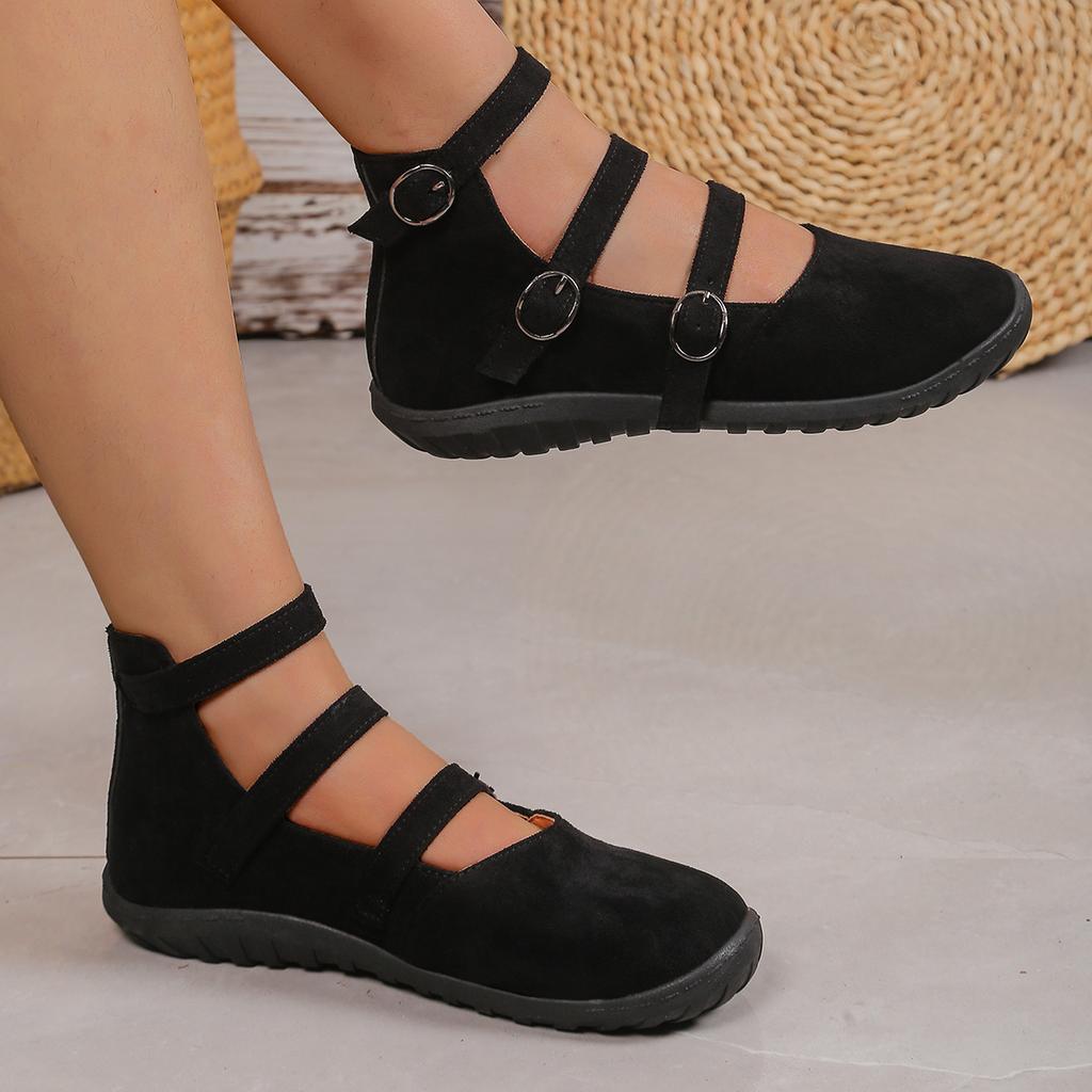 Retro Women's Loafers Plus Size Square Toe Flats Suede Slip-On Shoes Vintage Two Buckle Casual Ballet Pumps