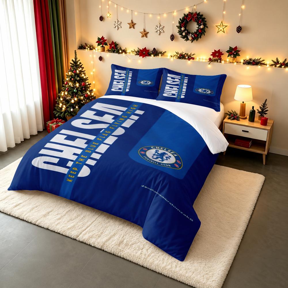 3 Piece Bedding Set with Duvet Cover and 2 Pillowcases - Chelsea Vertical Blue Flag Flying High Print - Minimal Crest Decor