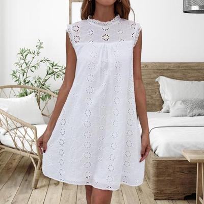 Women White Dress Hollow Lace Summer Solid Color Crochet Mini Dress Beachwear