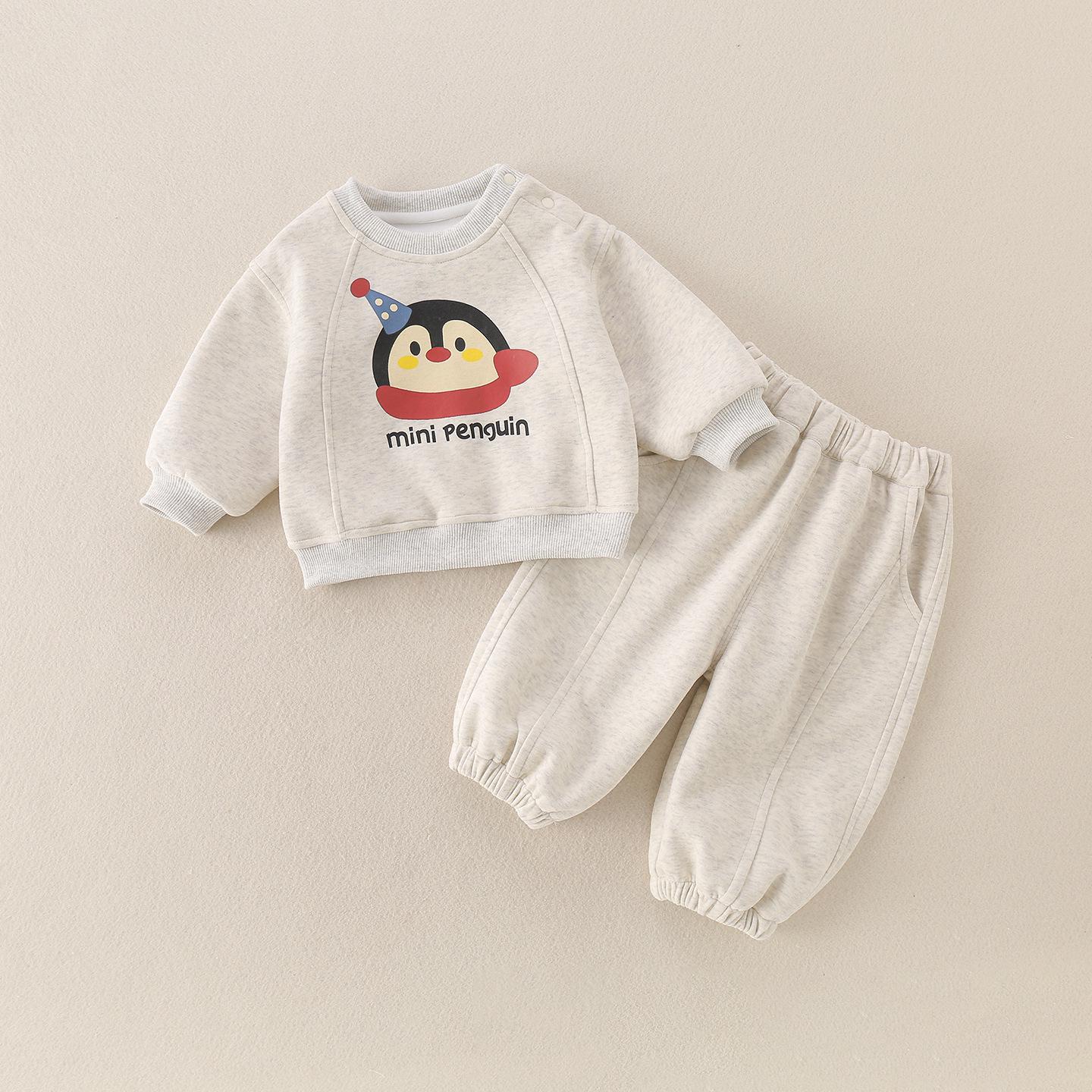 Boys Spring Outfit: Cartoon Penguin Pullover Hoodie & Pants Set 100cm серый