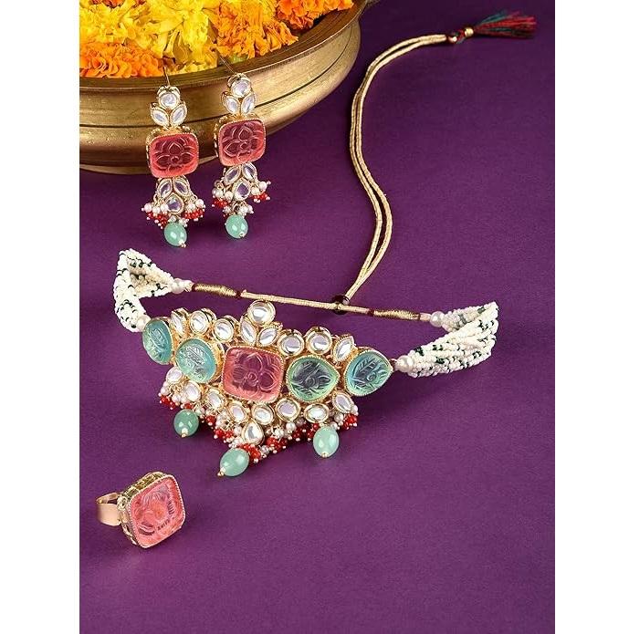 Multicolor Stones & Beads Multistrand Beaded Kundan Choker Necklace Earring & Ring Set For Women