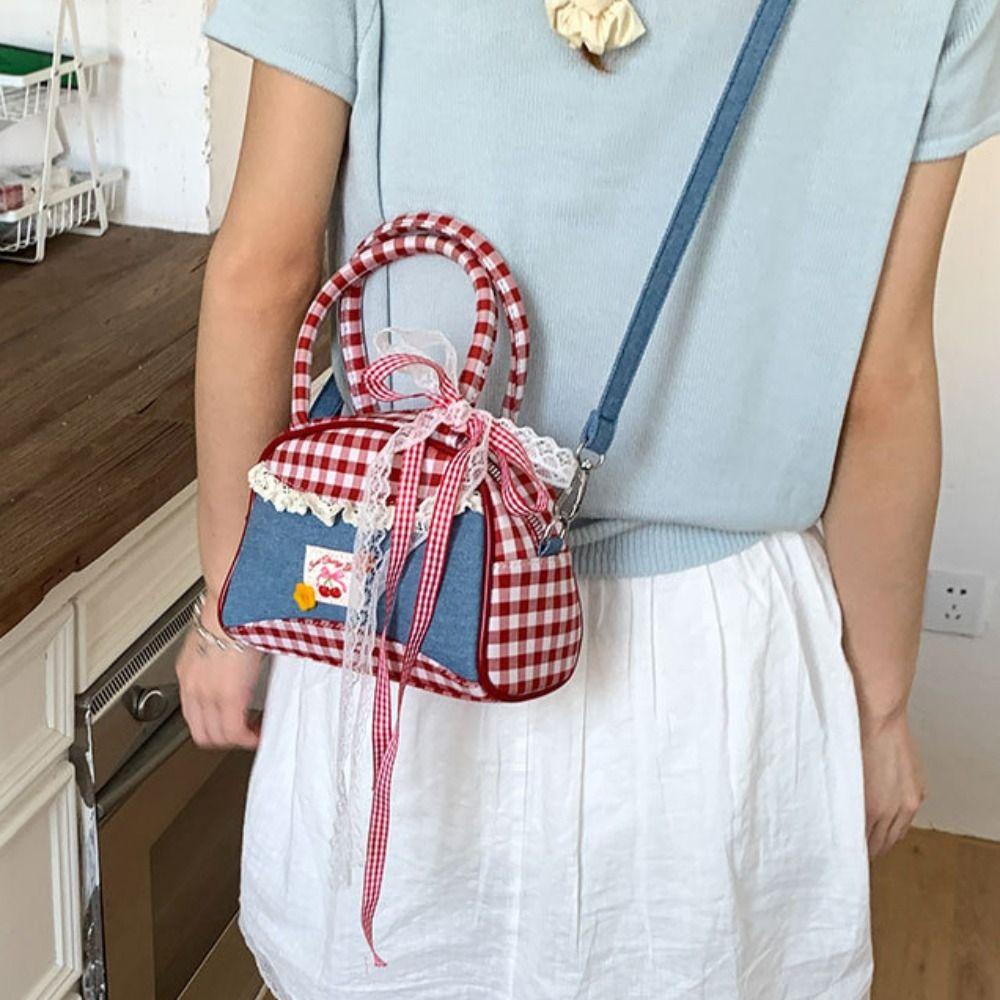 Rural Style Denim Plaid Handbag Lovely Sweet Crossbody Bag Retro Lattice Bowling Bag  Students