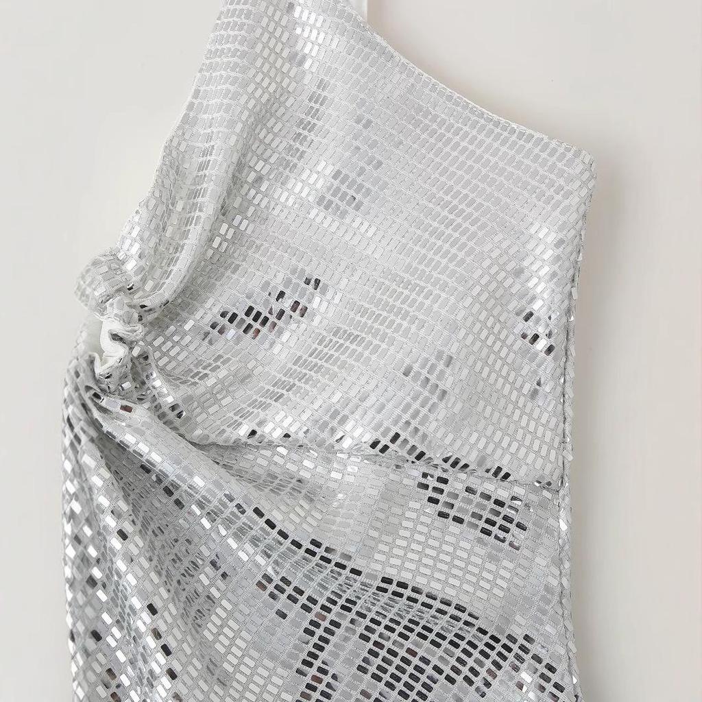 2024 Autumn V-Neck High Waist Sequin Spaghetti Strap Dress - European & American Style Women's Fashion