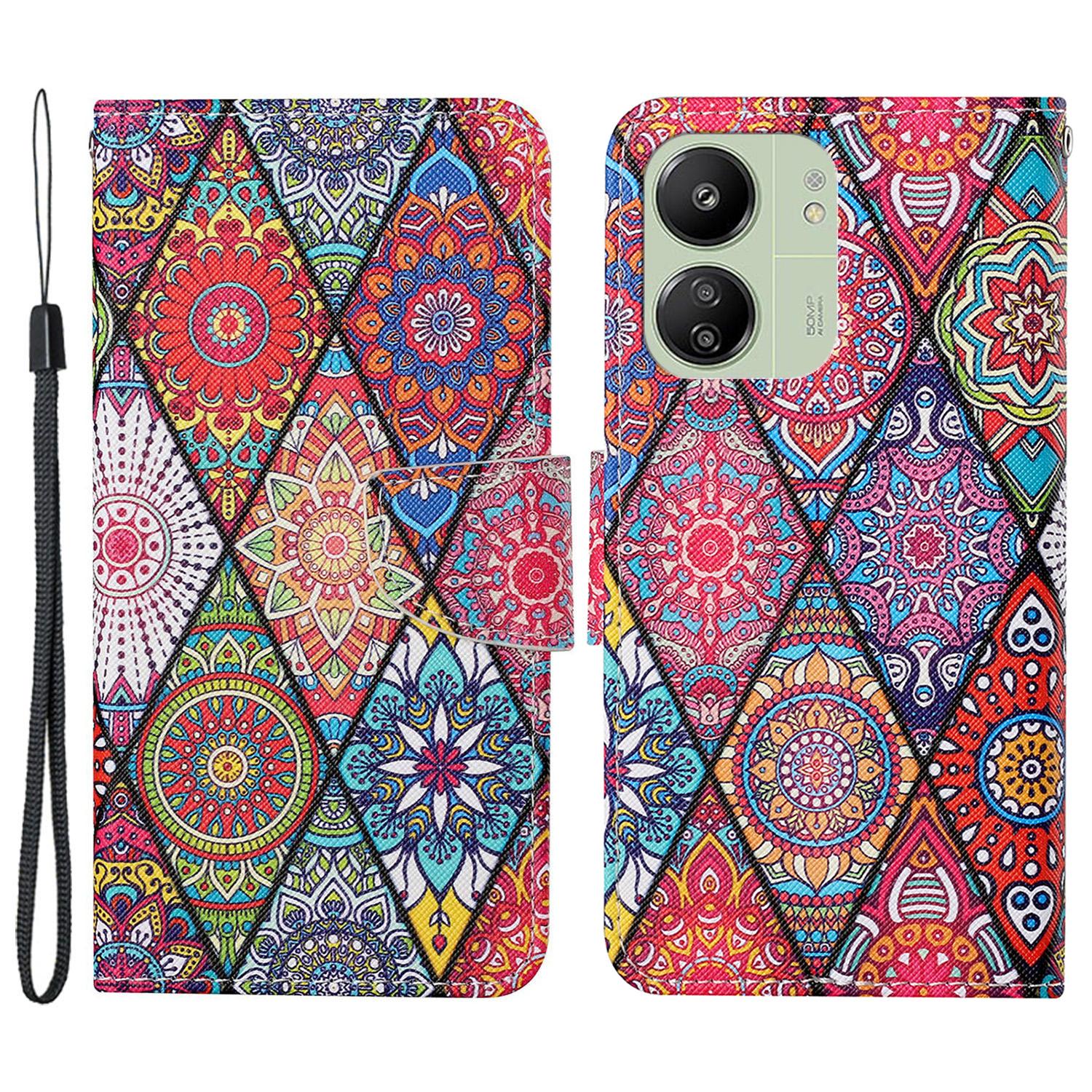 

For Xiaomi Redmi 13C 4G/5G/13R 5G/Poco M6 5G/Poco C65 4G Leather Case Pattern Printing Phone Wallet Cover Rhombus/Totem