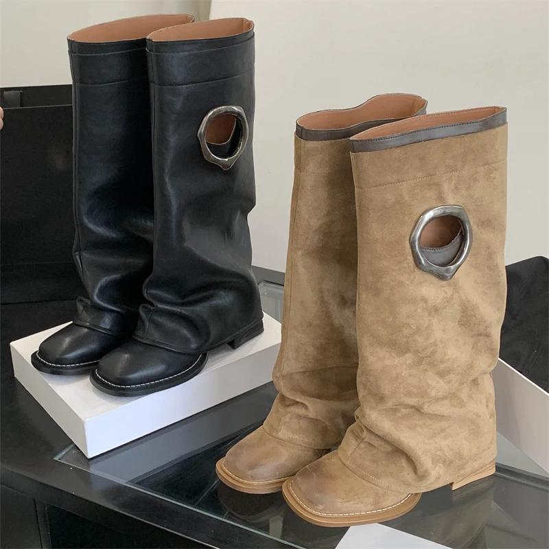 Fashion Eilyken Vintage Fashion Design Hollow Out Women Knee High Boots Round Toe Square Heels Female Shoes Botas De Mujer