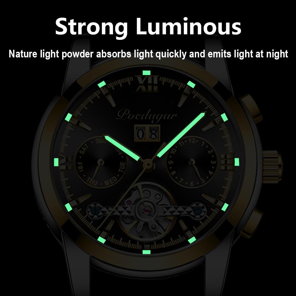 POEDAGAR Automatic Mechanical Watch Men Tourbillon Skeleton Wristwatch Calendar Week Display Leather Strap