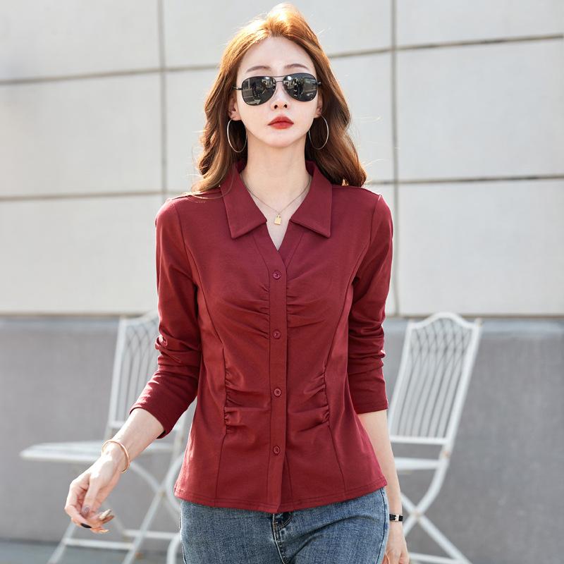 Spring Cotton Lapel Bottomed Pleated Buttons Solid Colour Versatile Long-sleeved Shirt