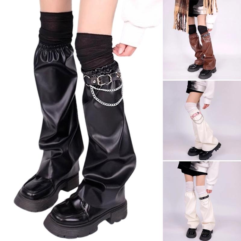 Women's Harajuku Faux Leather Flared Leg Warmers and Over Knee Socks Garter Belt Set for Punk Girls Japanese Streetwear