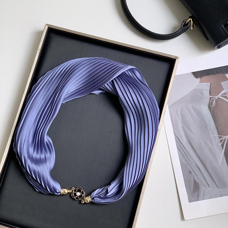 New Monochrome Magnetic Variety Silk Scarf Necklace Women's Pleated Summer Sunscreen Headscarf Decorative Scarf