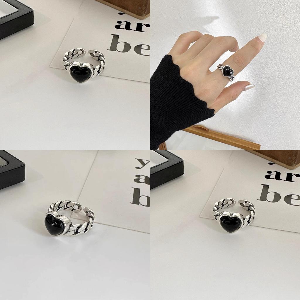 Black Unique Vintage Onyx Heart Ring For Women Adjustable Fashionable Copper Finger Wear