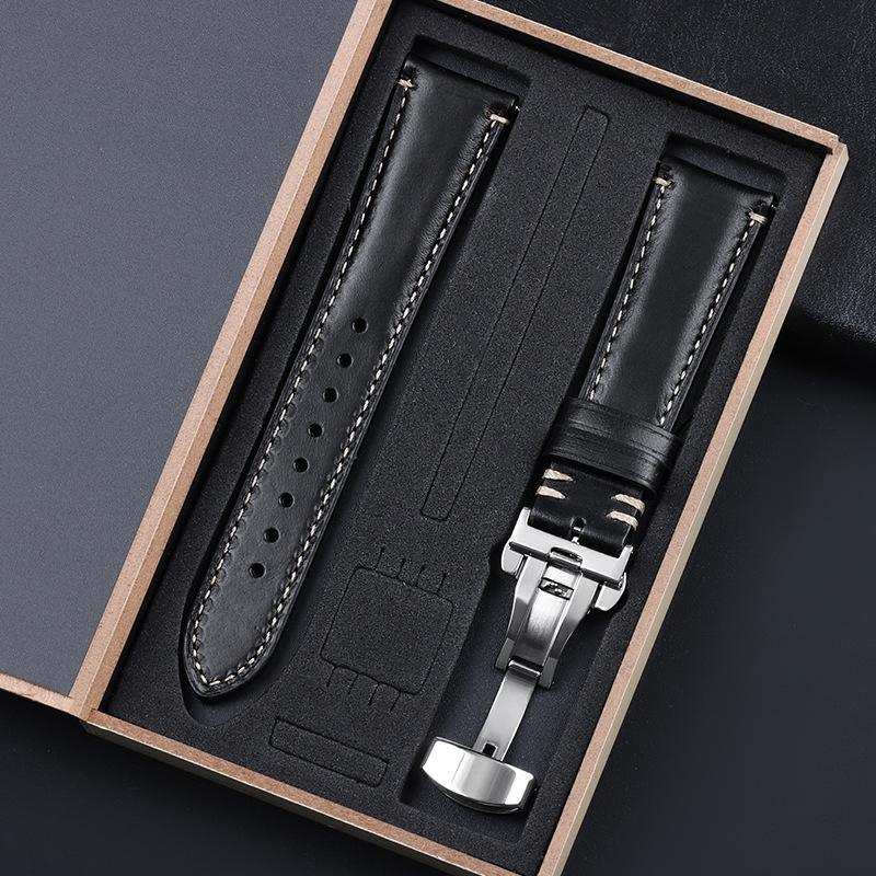 Vintage Leather Strap Side Double Seam Calfskin Wrist Strap 20mm22mm24mm Quick Release Butterfly Buckle Strap 20mm