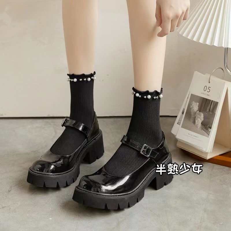 Children's pearl thin medium tube Japanese lace new ins curling socks fungus edge fashion cotton socks black