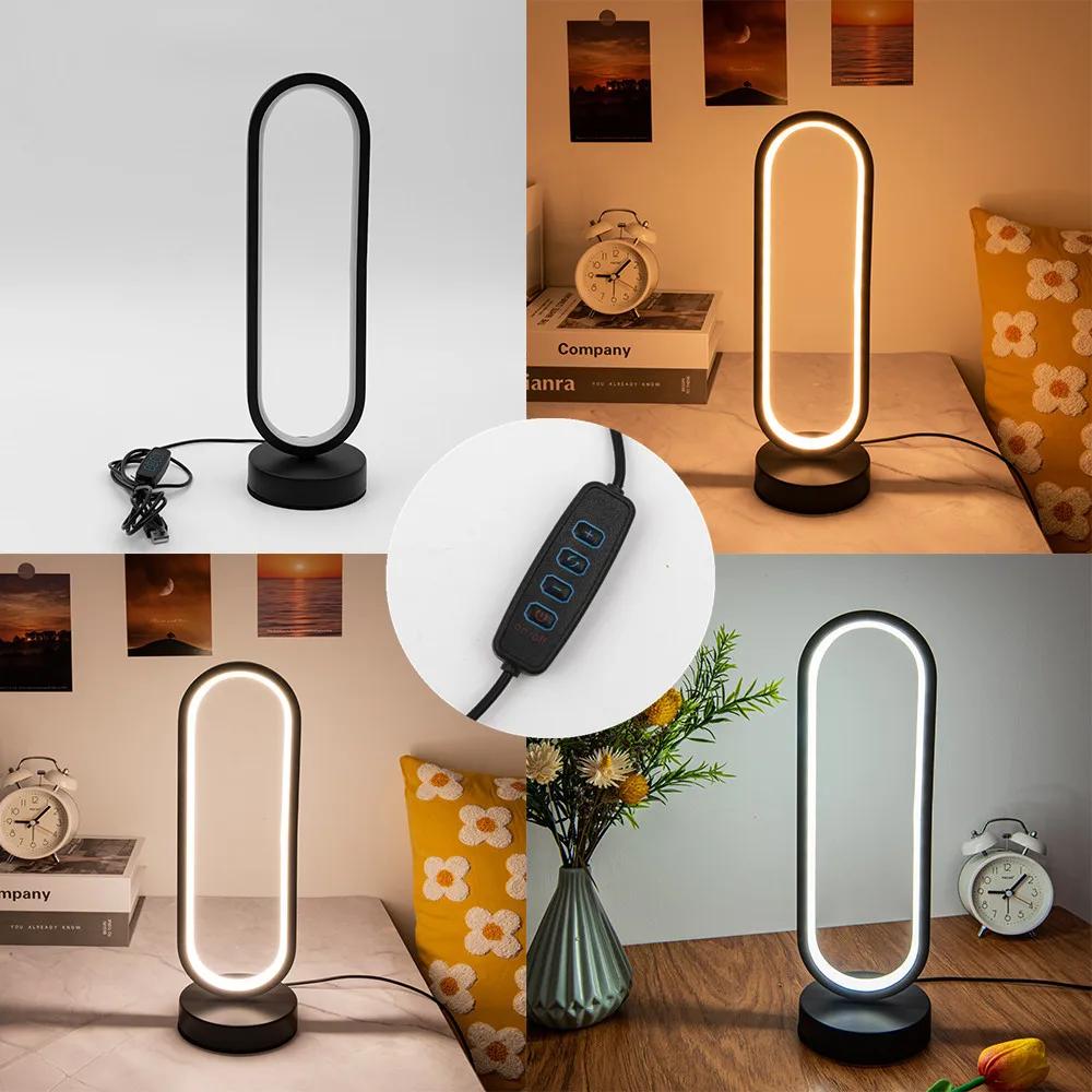 LED Desk Lamp Bedroom Circular Desk Lamp, Living Room Black and White USB Dimmable Bedside Lamp, Small Night Lamp Decoration