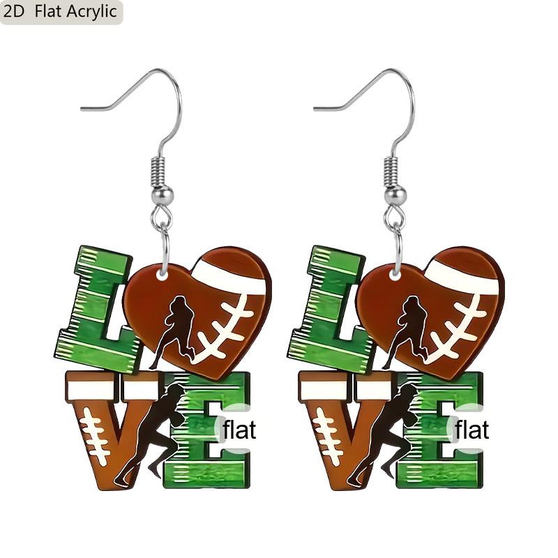 

2D Flat Football Acrylic Dangle Earrings, I Love (heart) Football Design for Game Day Pro, College, High School Games зелёный