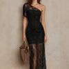 European and American new products spring and summer sexy slim lace see-through lining off-the-shoulder holiday dress