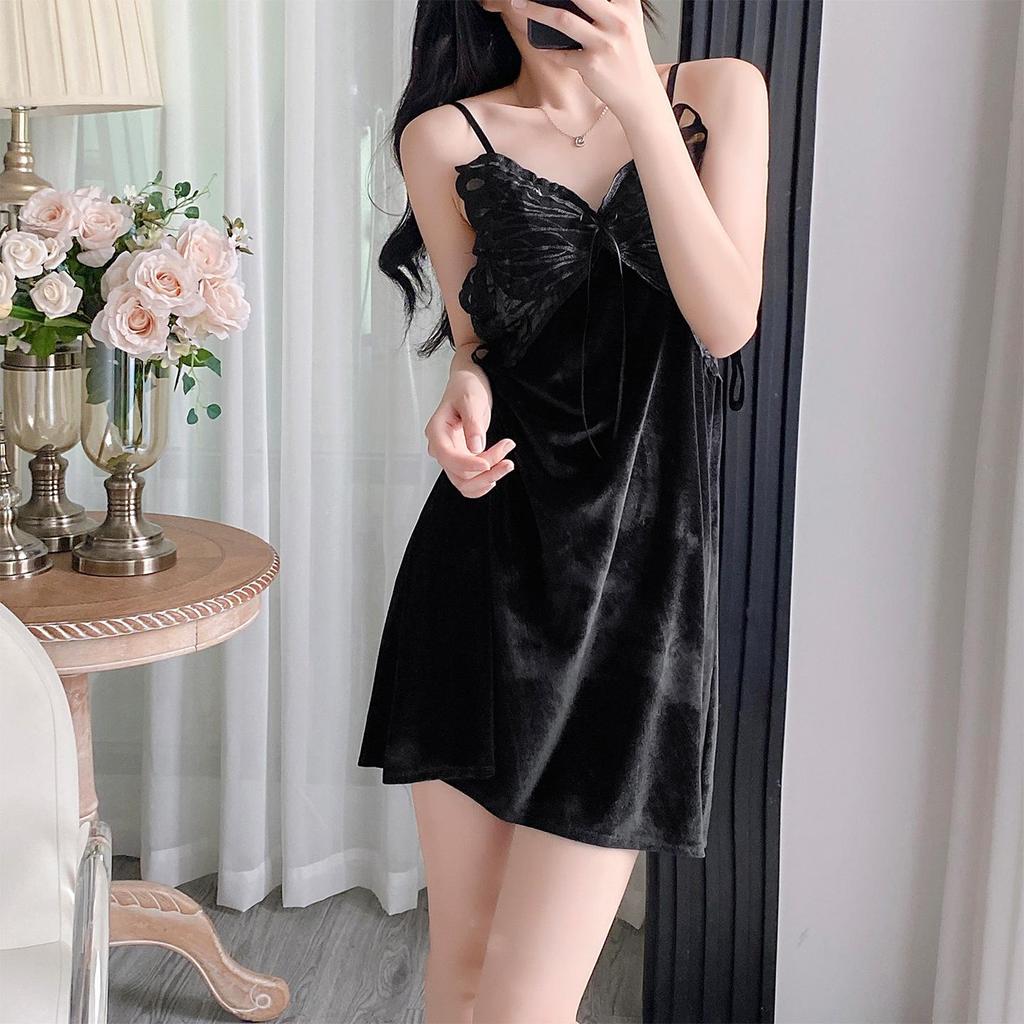 Women's Gold Velvet Butterfly Lace Pajama Set – Camisole and Beautiful Back Sleepwear with Chest Pads for Autumn/Winter.