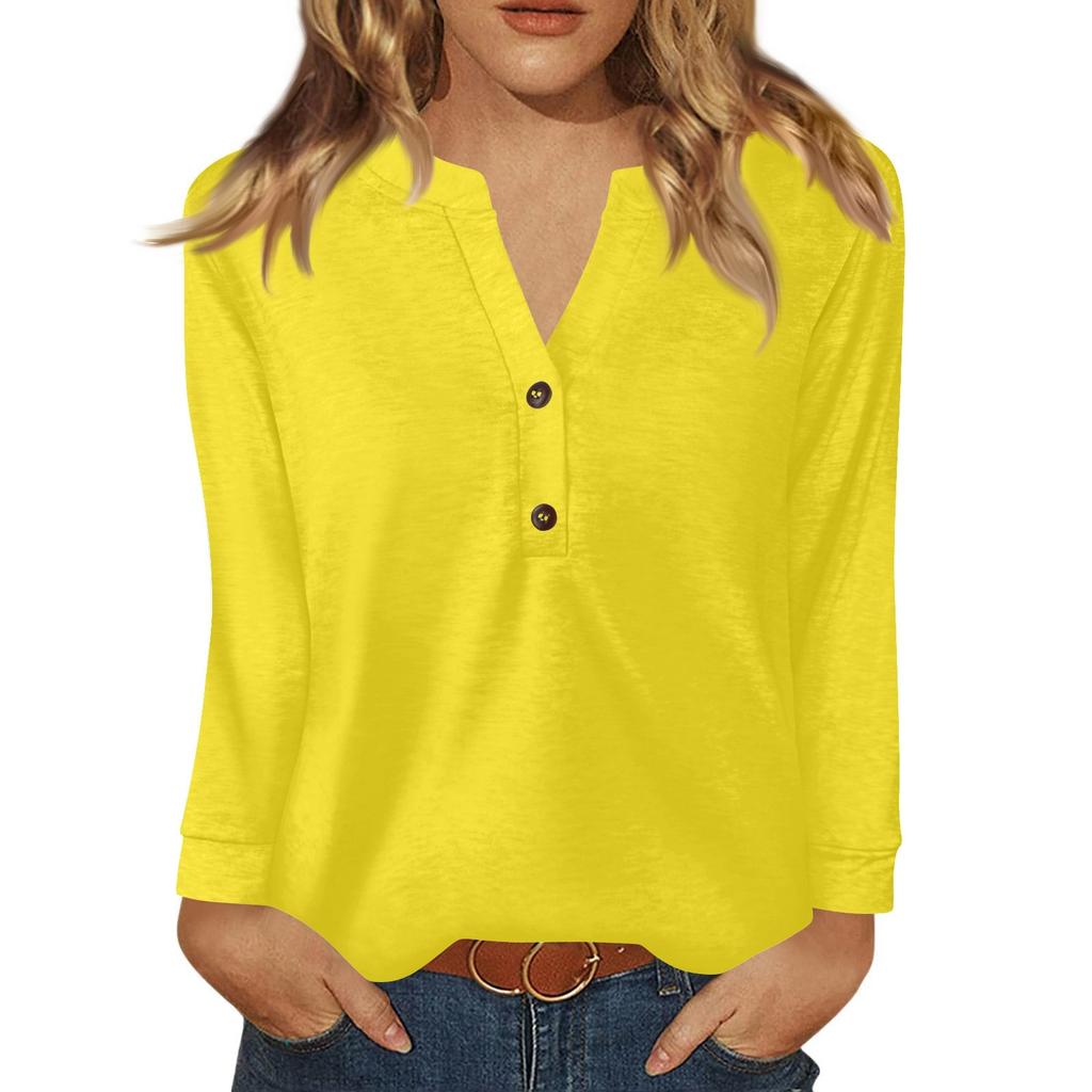 Women's T Shirt Solid Color Button Long Sleeve Daily Weekend Fashion Basic V- Neck Regular Top
