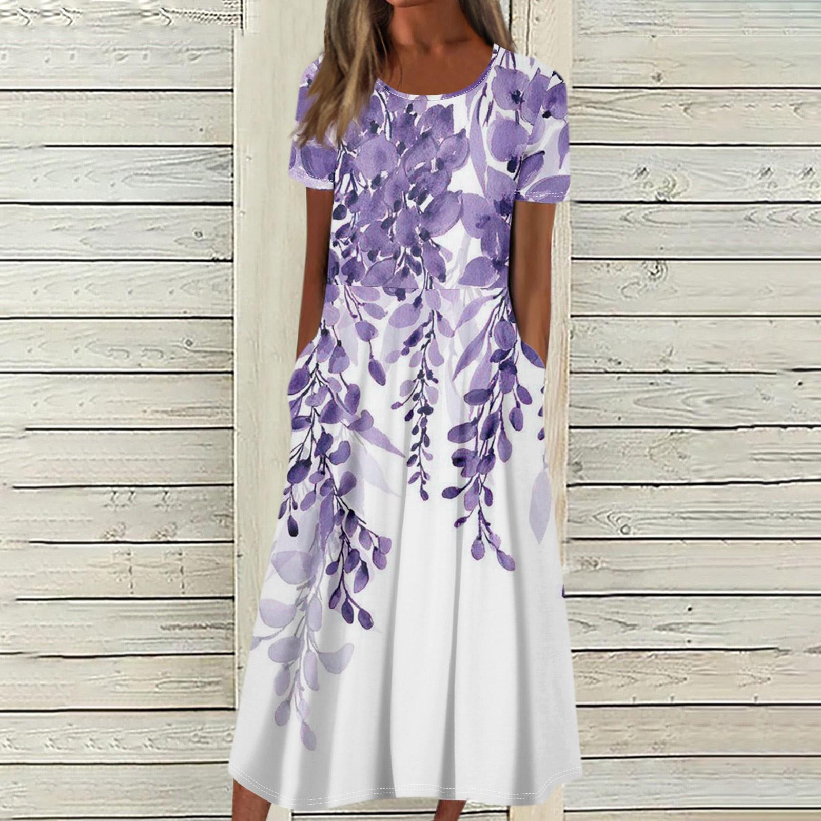 

Женское летнее повседневное модное платье с коротким рукавом и карманом с круглым вырезом XL фиолетовый