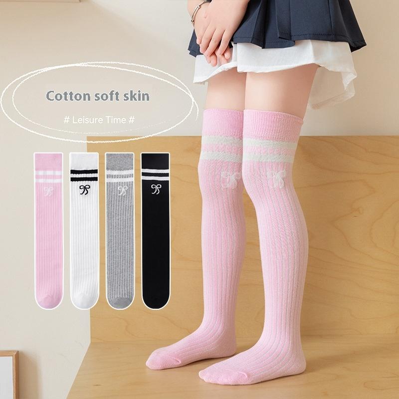 Children'S Long Socks Spring And Summer Girls' Bow Princess Skirt Paired With Knee High Sock Striped High Tube Cotton Socks