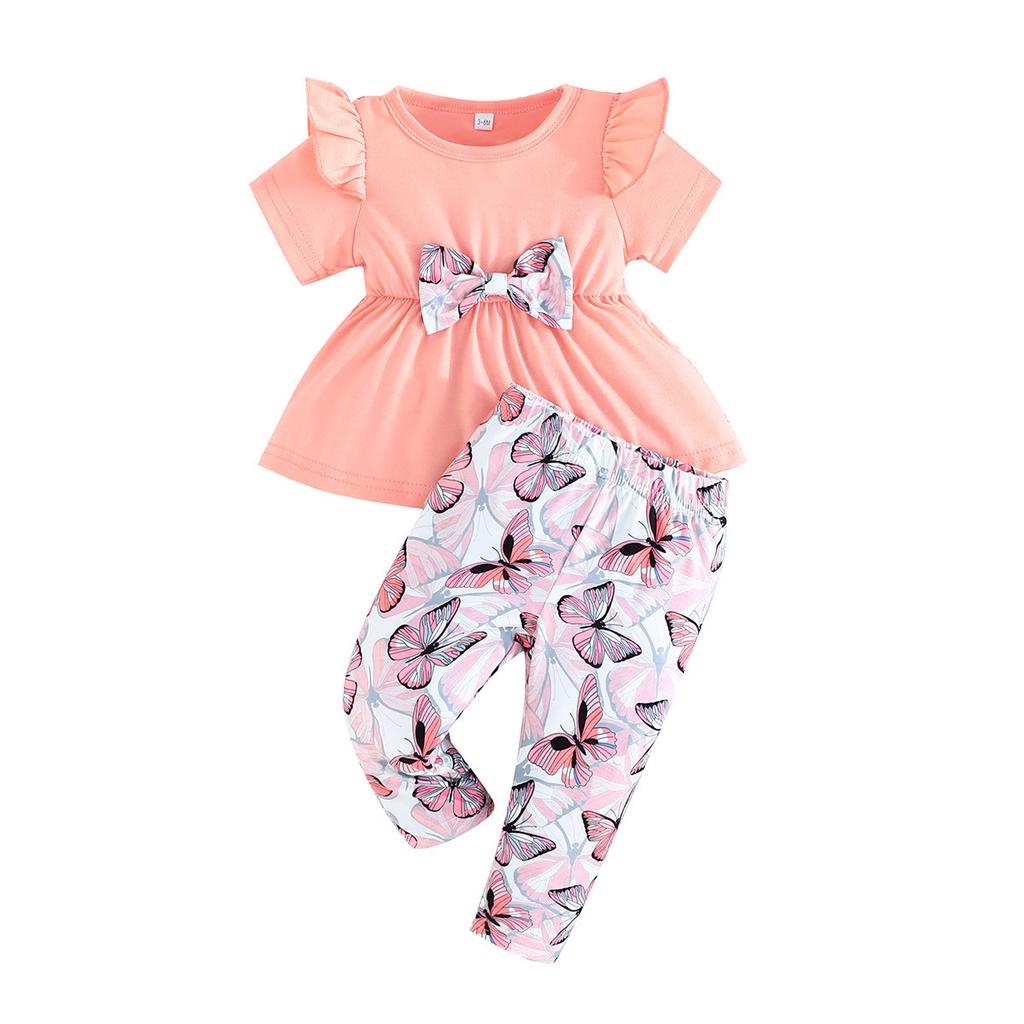 New Summer Baby Girl Flying Sleeve Solid Color Top + Butterfly Print Long Pants Two-Piece Set