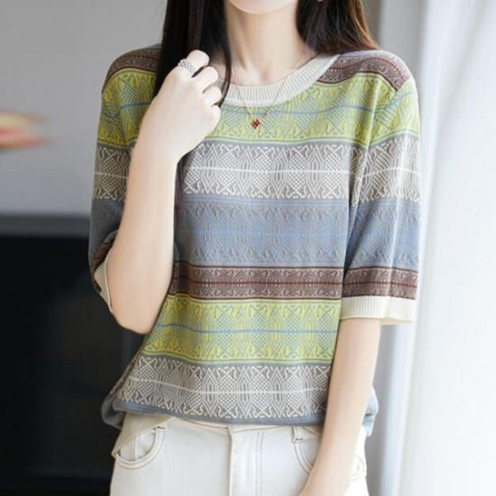 Navava Women Monoretro Pattern Short Sleeve Knit Nk3056