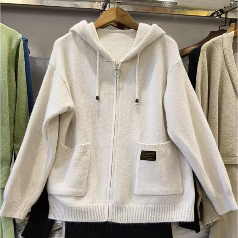 Hooded Cardigan Jacket for Women 2025 Spring and Autumn New Korean Style Casual Fashion Outerwear Zipper Sweater with Hood Knitted Sweater