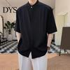 Formal Men Shirt Summer Stand Collar Ice Silk Solid Color Pleated Loose Fit Everyday Top Cardigan Half Sleeves Mid Length Casual Business Mature