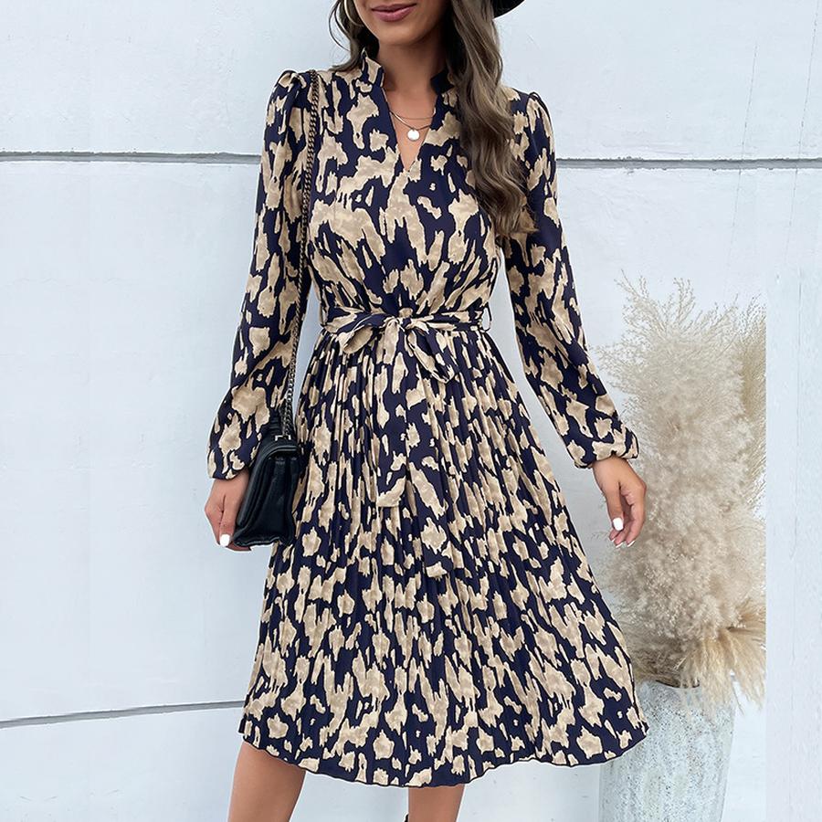 Women's Autumn Fashion Ruched Printed Long Sleeve Dress