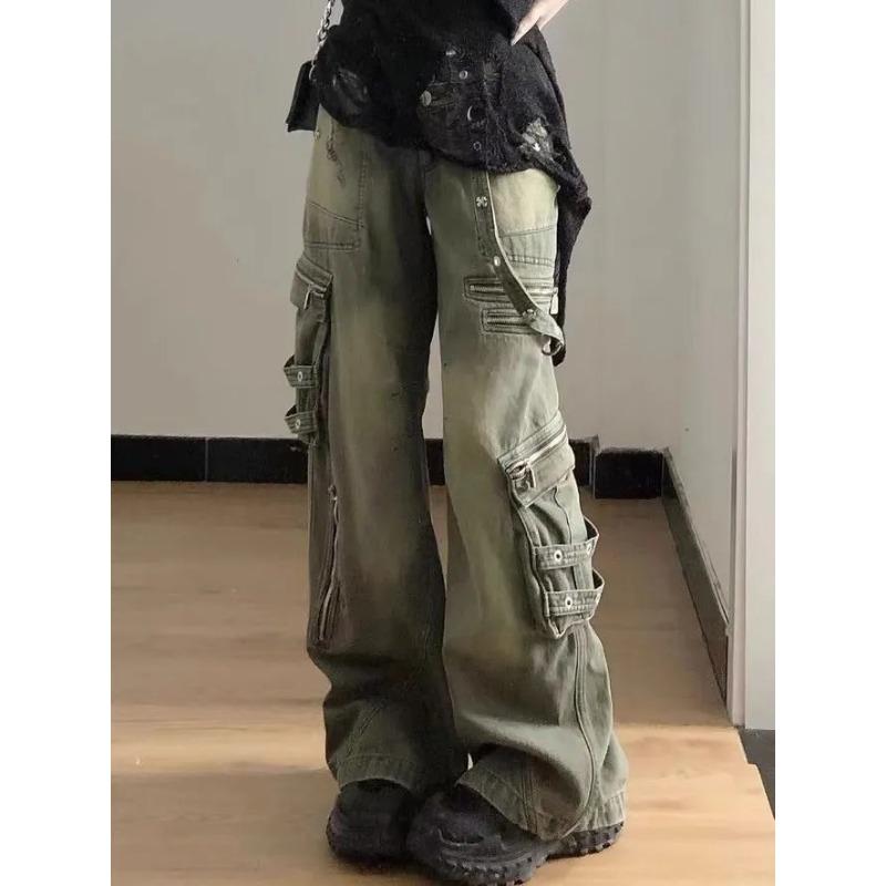 American New Vintage Wash Cargo Jeans Women High Street Design Straight Leg Loose Wide Leg Female Fashion Y2k Drop Long Pants