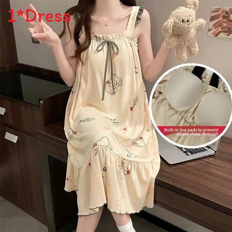 Summer Girls Sleeveless Nightgown With Comfortable Milk Silk And Flower Pattern For Lounge