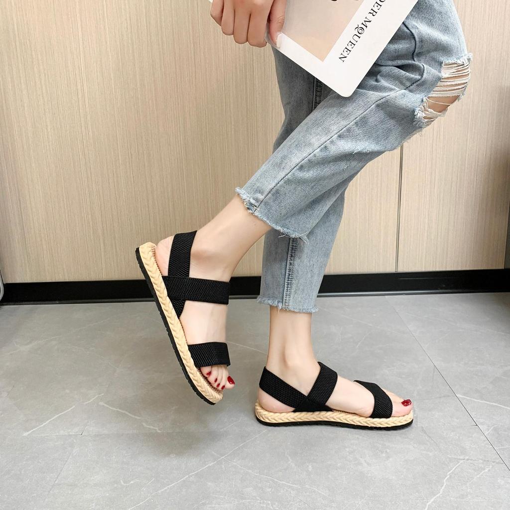 Women's Elastic Band Flat Shoes - 2023 Summer Outdoor Roman Sandals, Imitation Straw Linen Design