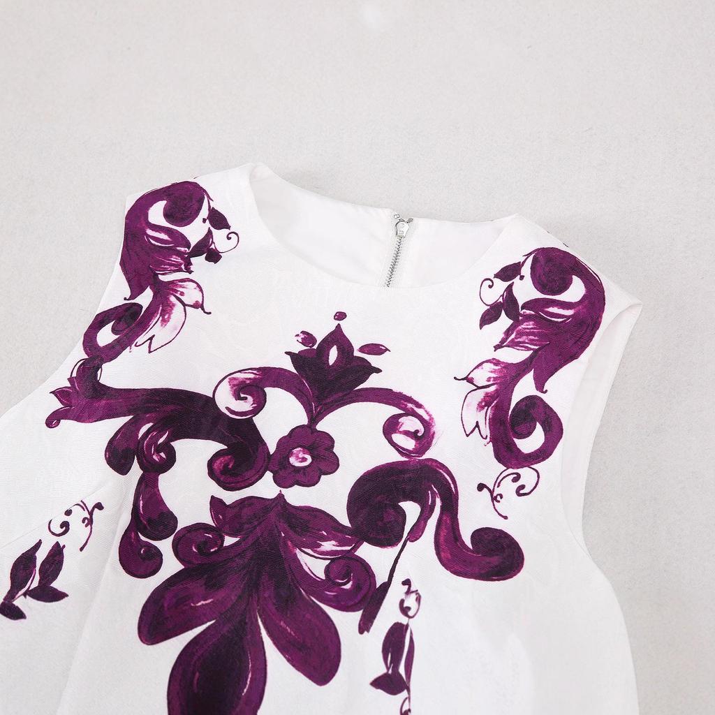 Elegant Purple Floral Jacquard Cotton A-Line Vest Dress