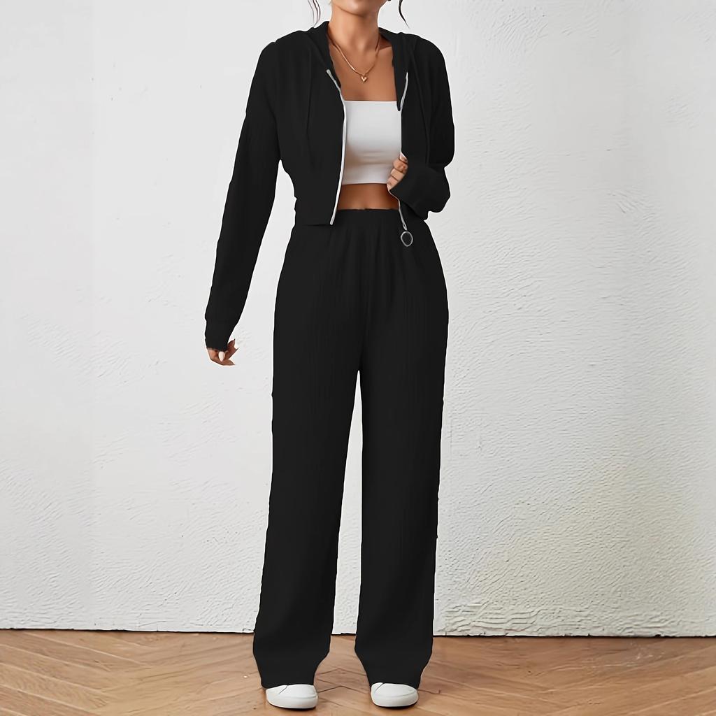 Women's Loose Rib Knit Two Piece Tracksuit Long Sleeve Zip Hoodie Elastic Waist Wide Leg Pants Matching Outfit
