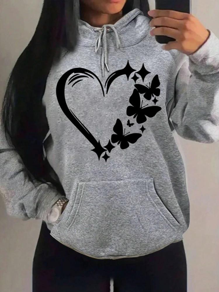 Combination Of Love And Butterfly Pattern Sweater Women Hip Hop Street Hoodies Trendy Pocket Clothes Vintage Multicolor Hoody