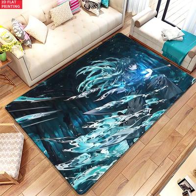 Anime Swordsman Area Rug, Blue Water Wave Theme  Floor Mat, Decorative Carpet for Gaming Room Bedroom, Washable Home Decor Gift
