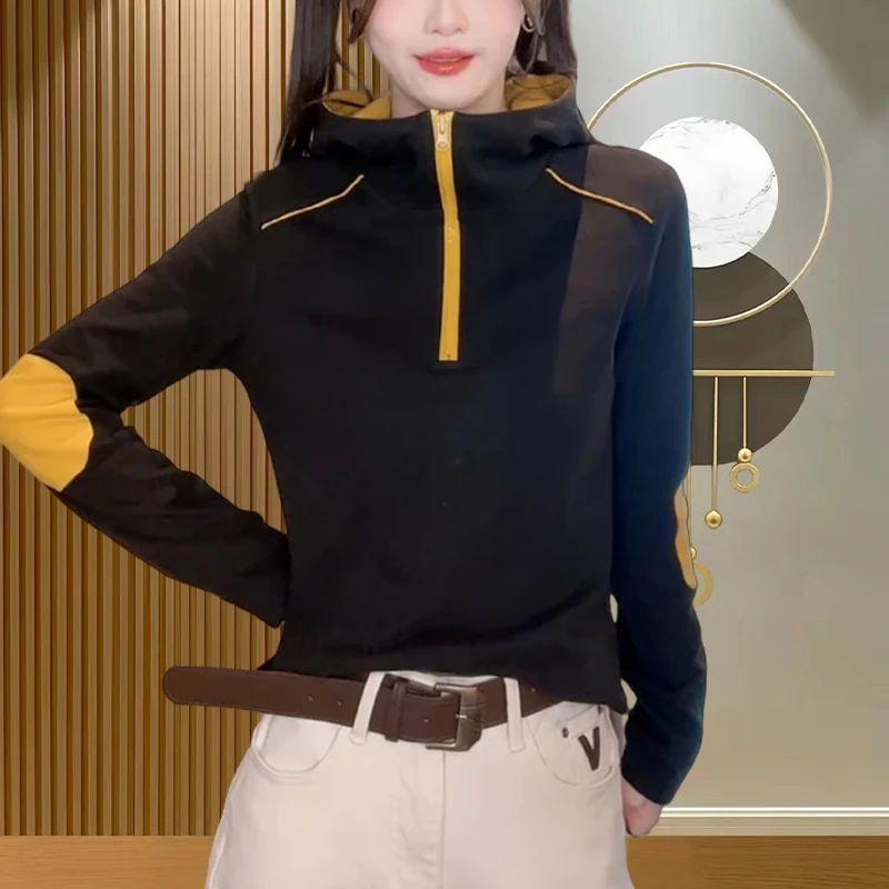 Fashionable Women's Hooded Color Block Pullover Coat with Zipper Simple