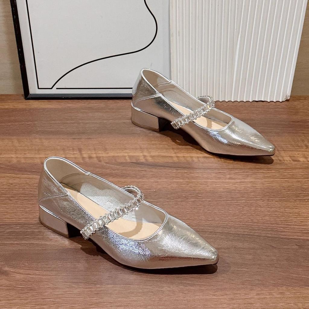 French Silver Rhinestone Mary Jane Shoes Girl 2025 Summer New Pointed Temperament Fairy Style Word with Thick Heel Shoes