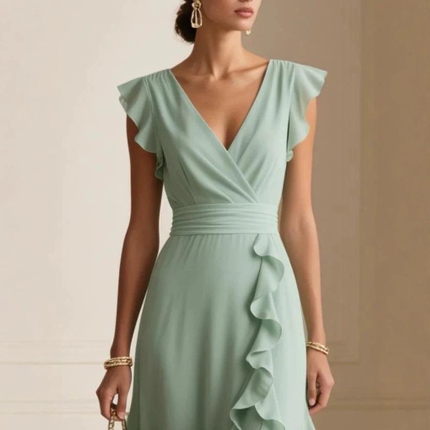 2026 Summer European and American Style Solid Color High-Waisted Pleated V-Neck Dress