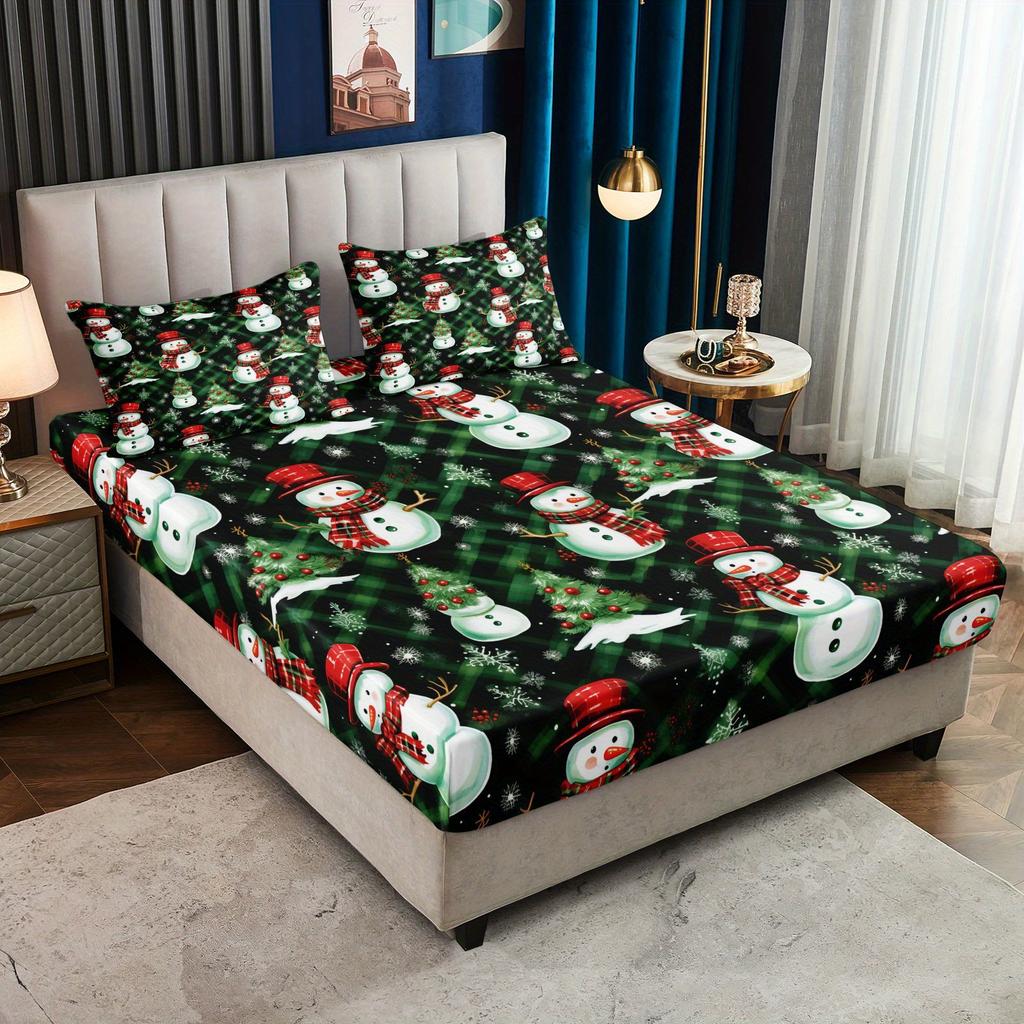 Rutigt jul-snögubbe sängset i polyester, mjukt bekvämt formsytt lakan och örngott, 20x30 tum, flera storlekar