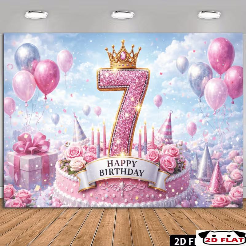 

2D Princess Themed 7th Birthday Party Banner with Balloons & Confetti 47.2x31.5inch/120*80cm