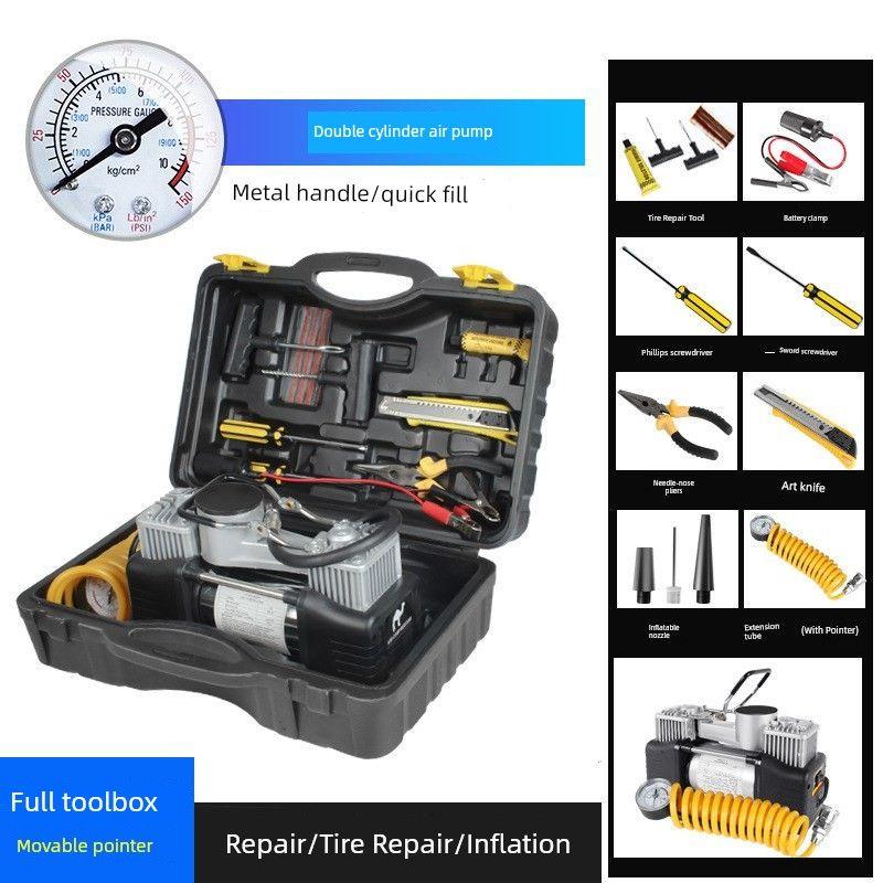 Car Air Pump Real Double Cylinder K Car Tire Pump High Power Electric Air Pump Vehicle Air Pump Toilet Toolbox Metal Handle 50 Pieces Rotor