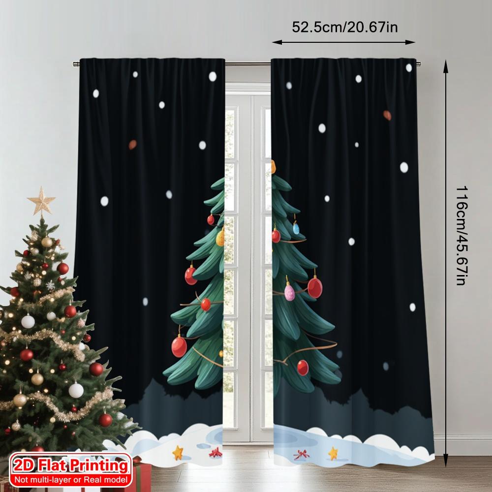 2pcs 2D flat printing Merry Christmas Curtain Retro Christmas Tree Festive Holiday Fabric Without Electricity Family Party Use