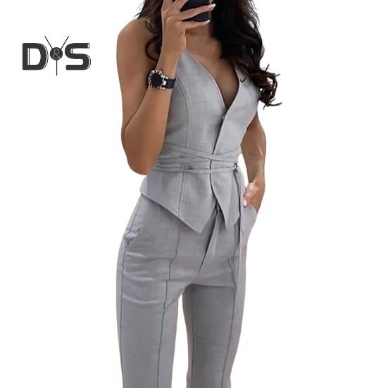 2Pcs/Set Formal Women Summer Outfit OL Style Chic Pure Color Lady Jacket Pants