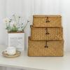 Handmade Seaweed Woven Storage Box, Retro Storage Rack Basket, with Lid Buckle Design, Household Miscellaneous Storage Box