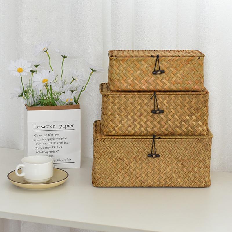 Handmade Seaweed Woven Storage Box, Retro Storage Rack Basket, with Lid Buckle Design, Household Miscellaneous Storage Box