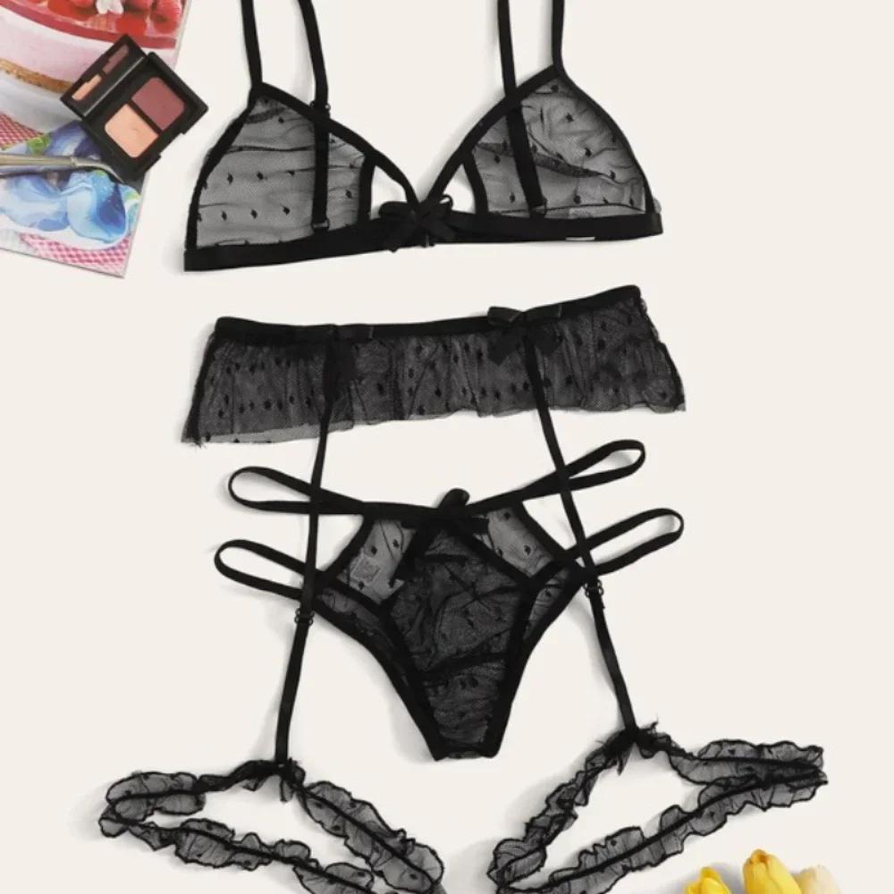 Sexy Women Lingerie Set Polka Dot Mesh Bra Thongs Garters Transparent Lace Underwear Exotic Sex Costume