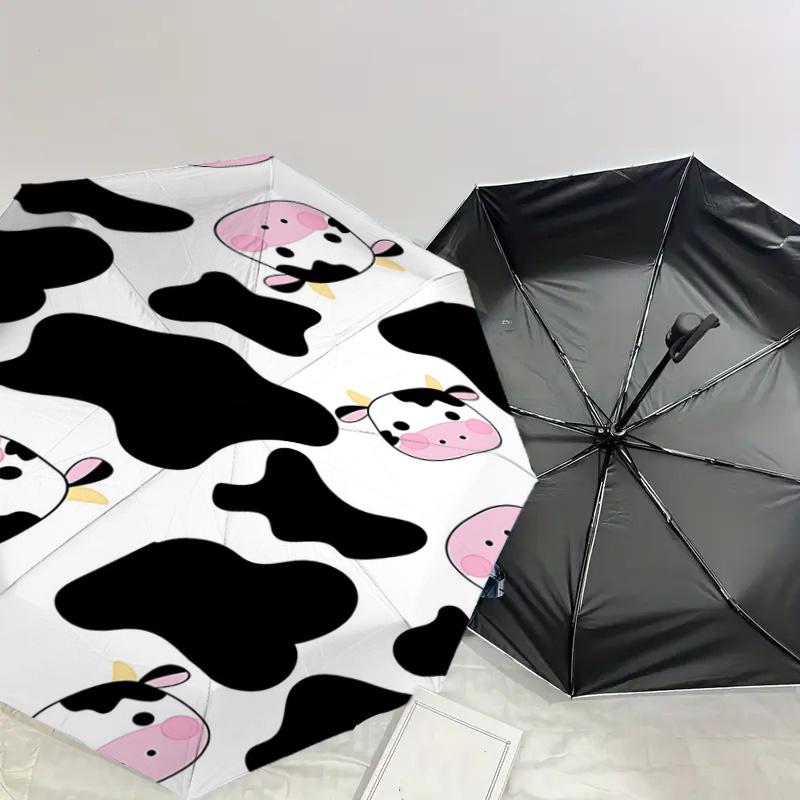 Cute Cow Print Automatic Folding Umbrella - Portable 3-Fold Design with Iron Frame, Perfect for Fans, Travelers, Daily Use, and Gifts!112515